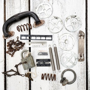 Salvaged Odds and Ends, Found Objects, Rusty Parts, Cash Register Gears (flat) Lock and Key (Works), Junk Art, Assemblage, Steam Punk, #3703