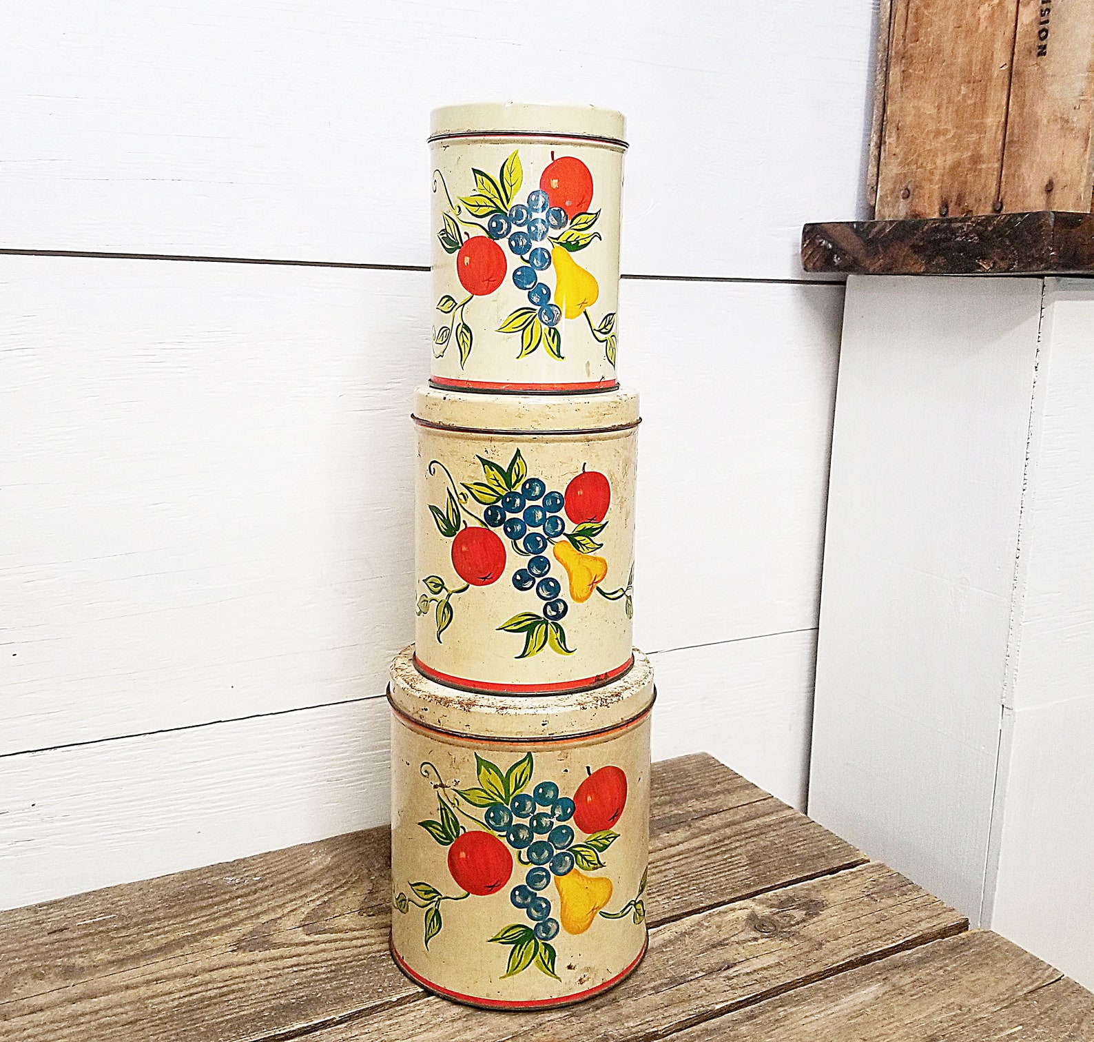 Vintage Kitchen Canisters Fruit Design Set of Three Rusty Etsy