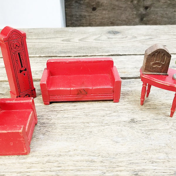 Vintage Wood Dollhouse Furniture, Red, Six Piece Set, Couch, Chair, Clock, Table, Radio, Lamp, Dollhouse Living Room, #1713