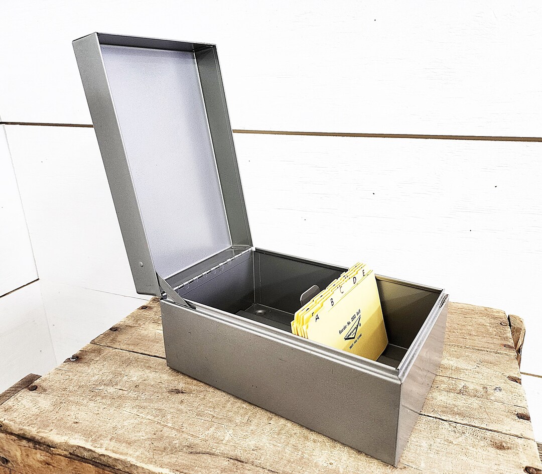Vintage Metal File Box With Cards Vintage Office Decor Gray Etsy