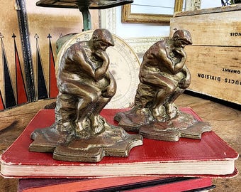 Vintage Cast Metal Thinking Man Bookends: Library Decor, Pair