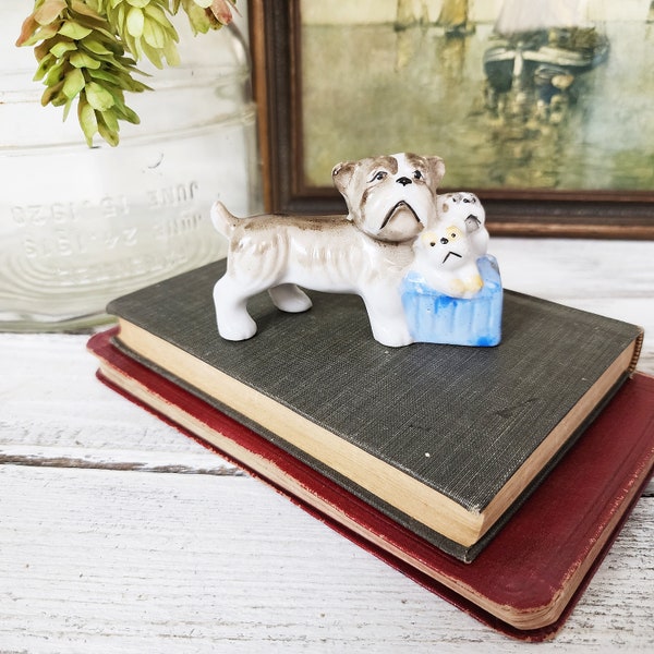 Vintage Ceramic Dog with Puppies Figurine, Occupied Japan, Dogs in a Box Ceramic Knick Knack,  Home Decor, Office Decor, #3771