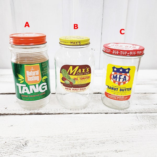 Choice Vintage Advertising Jar, Tang, Max's Dill Tomato, MFA Peanut Butter with a Big Top Lid, Collectible Jar, #3767