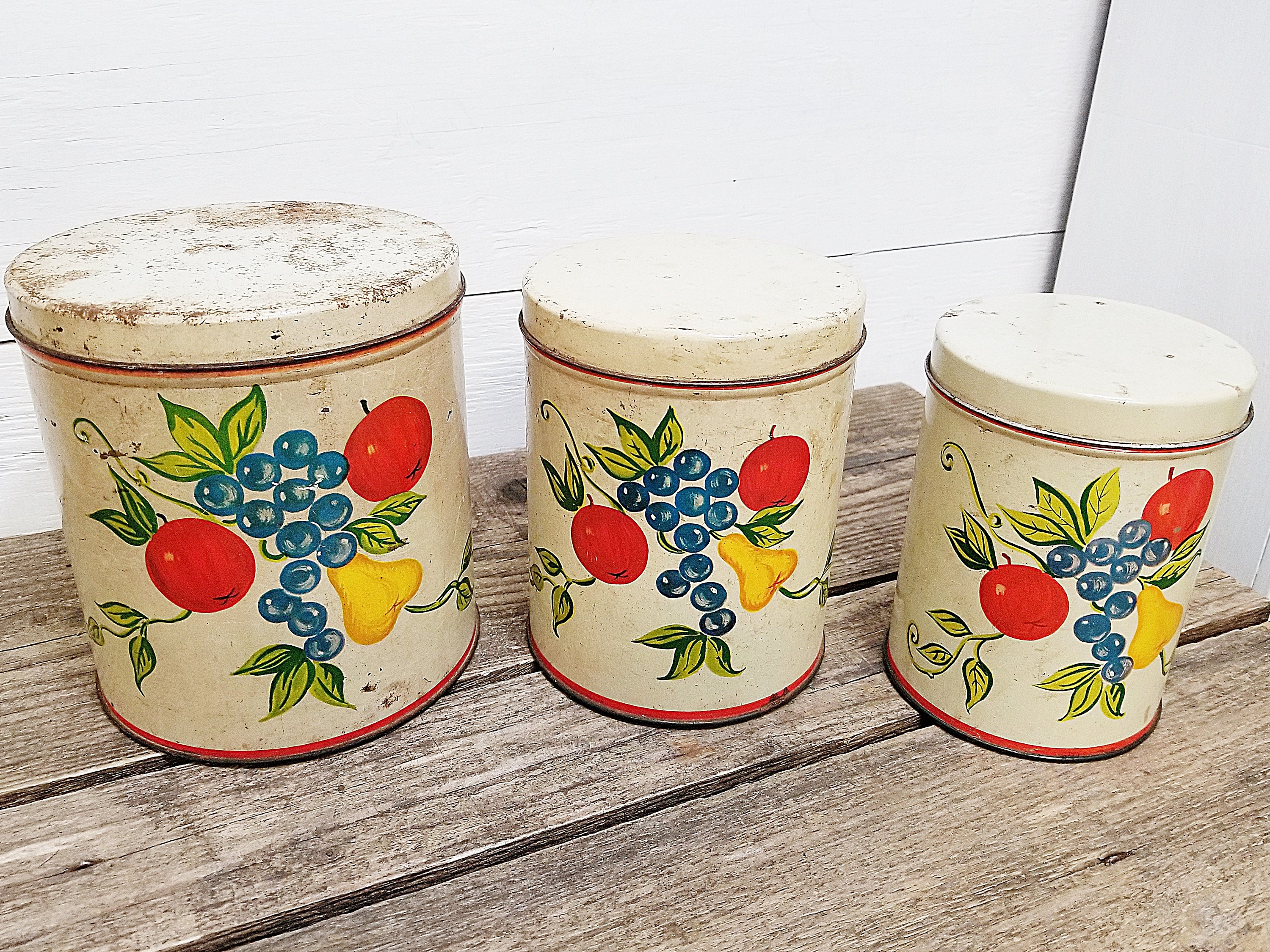 Vintage Kitchen Canisters Fruit Design Set of Three Rusty Etsy