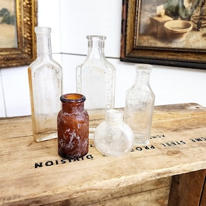 Vintage Glass Bottles, Set of Five, Mixed Sizes, Aged, Home Decor, Medicine Bottles, #3305