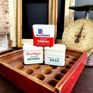 Three Vintage Spice Tins, Durkee Sage, Durkee Nutmeg, McCormick Turmeric, Aged, Assemblage, Altered Art Supplies, Advertising Tins, #4614