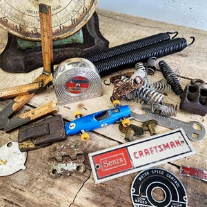 Vintage Junk Drawer Lot, Salvaged Odds and Ends, Metal Springs, Tape Measures, Metal Springs, Small Pulley, Assemblage, #4569