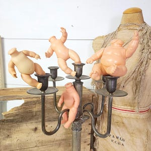 Four Creepy Headless Doll Bodies for Supplies, Plastics, Mixed-Sized Doll Bodies, Salvaged and Aged, Halloween Decor, #5064