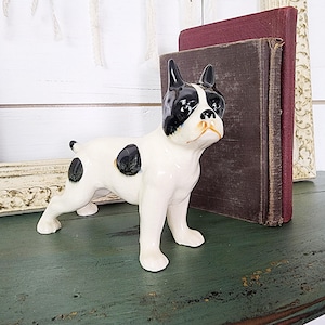 Vintage Ceramic Boxer Dog Figurine, Black and White Ceramic Dog Knick Knack, Crazing, 5 Inches Tall, #4458