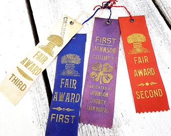 Vintage County Fair Ribbons, Set of Four 1949 County Fair Award Ribbons, Satin Ribbons, Mixed Colors, Decor, Supplies, #3515