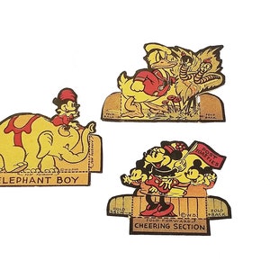Vintage Post Toasties Mickey Mouse Cereal Box Cutouts, Set of Three, Elephant Boy, Cheering, Ephemera, Aged Paper, Collectible, #2323