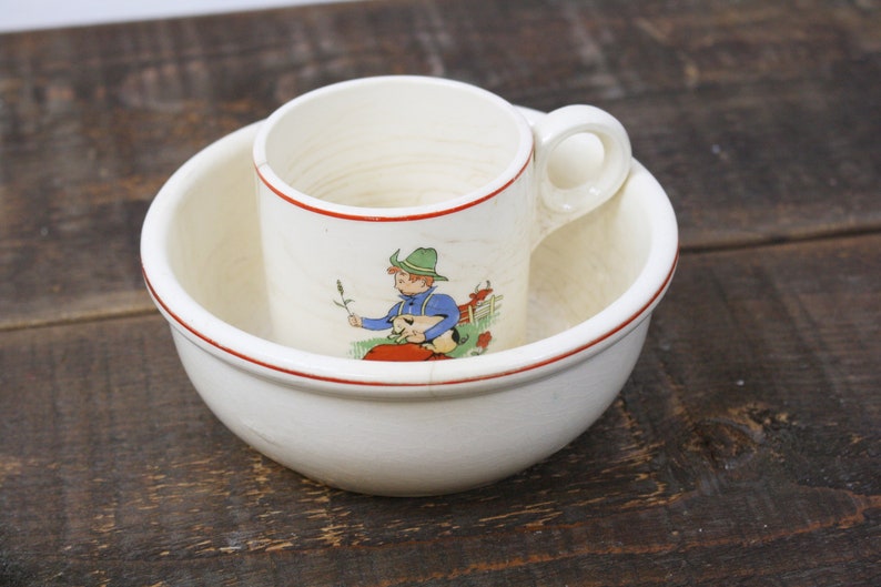 Tom Tom The Pipers Son Cup Little Jack Horner Bowl Aged Vintage Nursey Rhyme Cup and Bowl