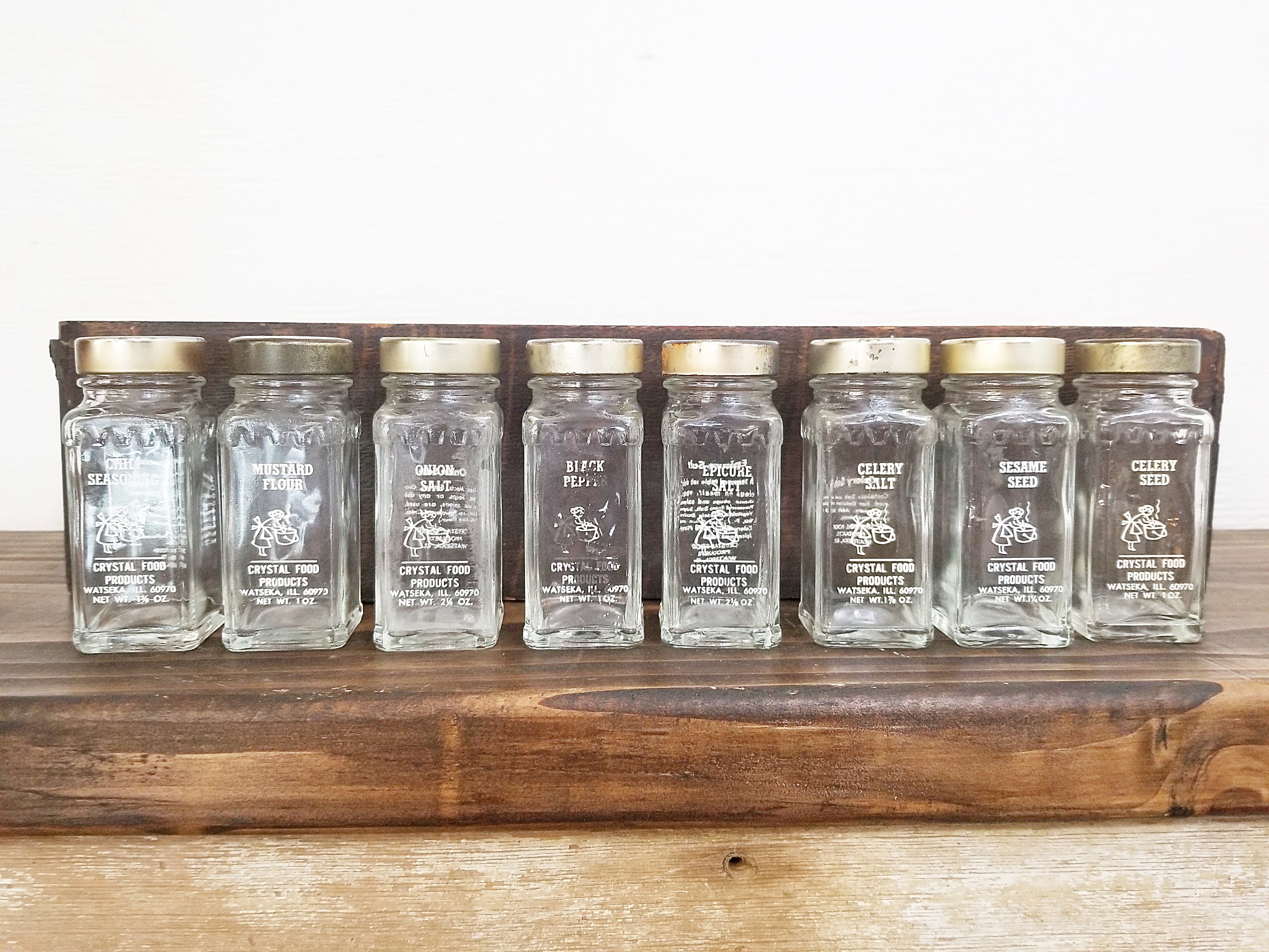 Vintage Crystal Foods Spice Jars Set of Eight Aged Glass Spice Jars Vintage Kitchen Craft Supplies Clear Glass Metal Lids 1460 Etsy Australia