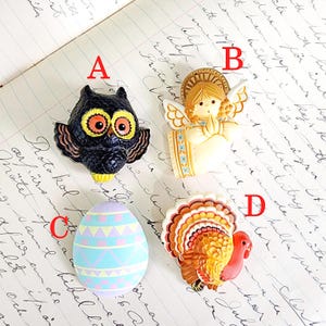 Vintage Hallmark Plastic Lapel Pin: Choice of Owl, Angel, Easter Egg, or Turkey