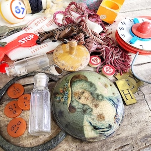 Vintage Found Objects, 33 Pcs of Odds and Ends, Assemblage, Altered Art Supplies, Junk Drawer, Junk Art Supplies, Random Items, #4548