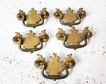 Five Vintage Metal Drawer Pulls, Salvaged Hardware, Supplies, Gold in Color, Aged, #5160