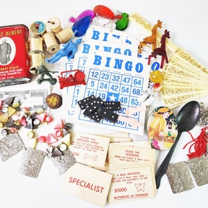 Altered Art Supplies, Mixed Media Supplies, Odds and Ends, Advertising Tins, Game Pieces, Costume Jewelry, Found Objects, #2540