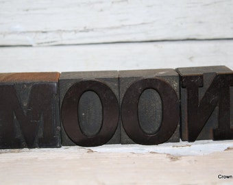 Vintage Letterpress Letters - Vintage Printing Decor - Wooden - Moon