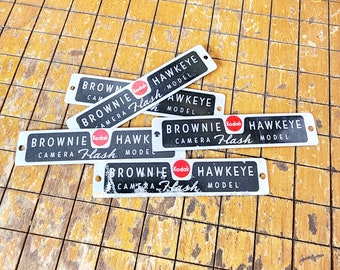 Brownie Hawkeye Flash Label Plates, Salvaged, Vintage Kodak Hawkeye Metal Camera Labels, Set of Five, Supplies, Assemblage, #3819