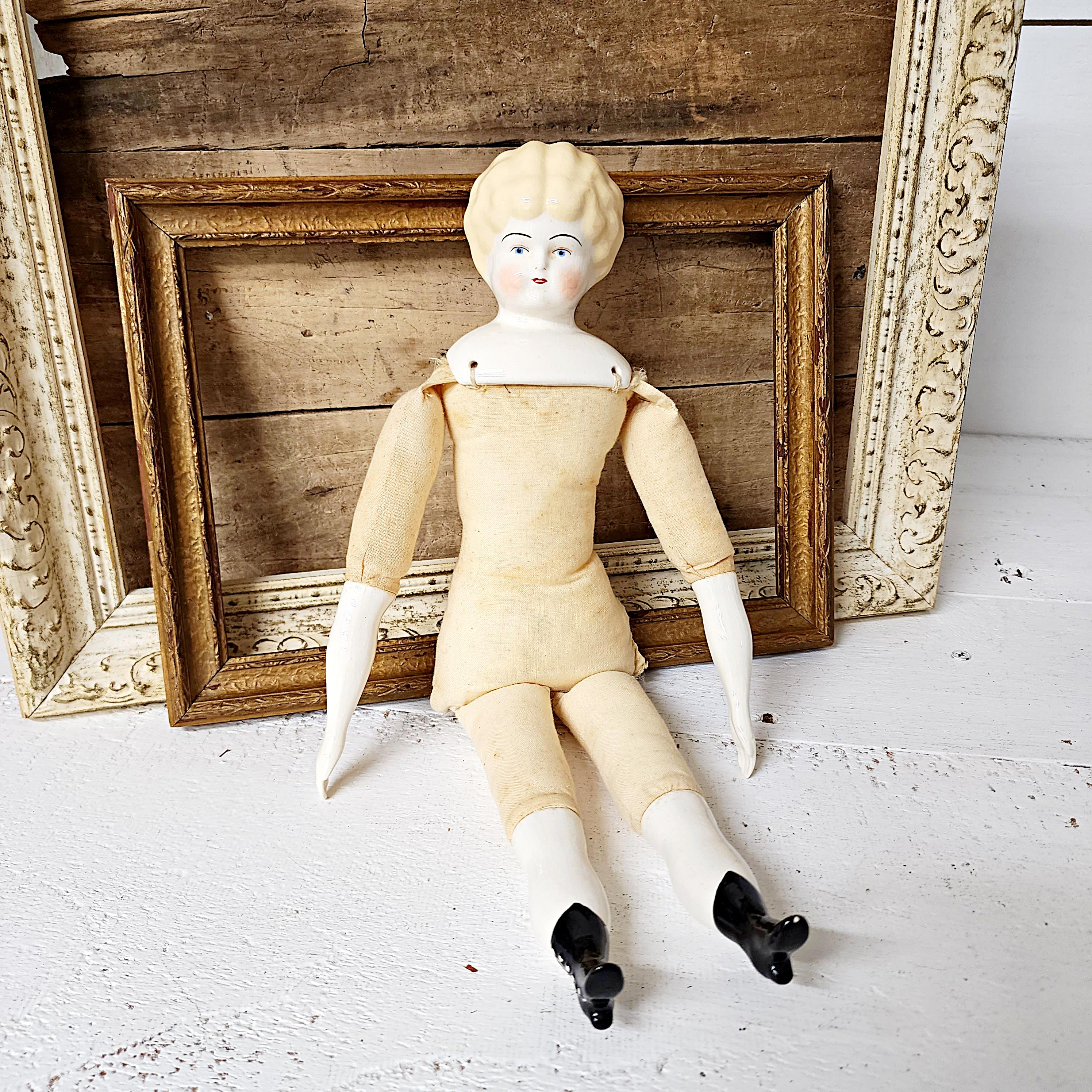 Vintage Porcelain Head Doll with Fabric Body, 15 1/2 Inch Long Doll, Doll Supplies, Aged Preowned Doll,  #4963