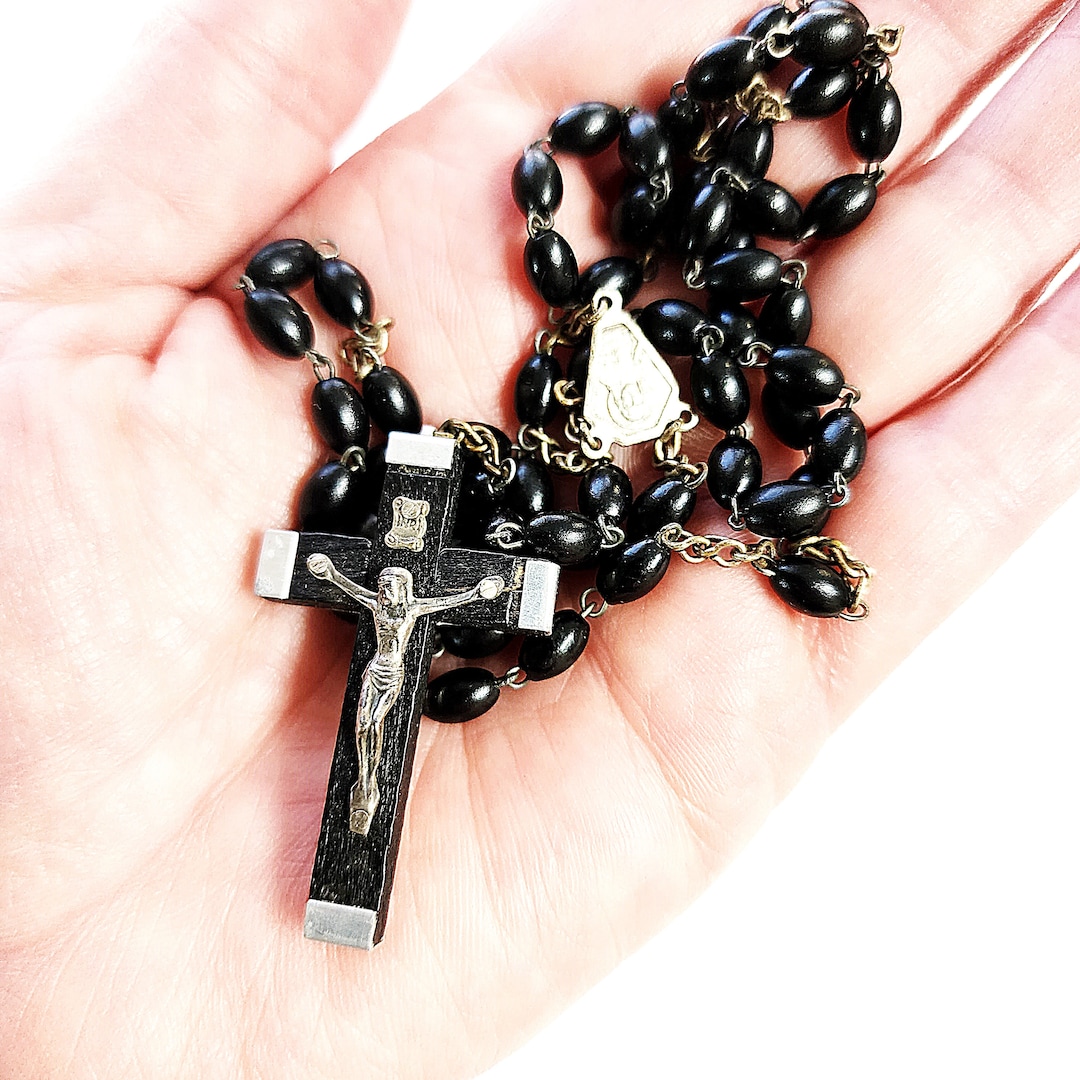 Vintage Rosary Beads, Italy Rosary Beads, 18 Long, Black and Silver