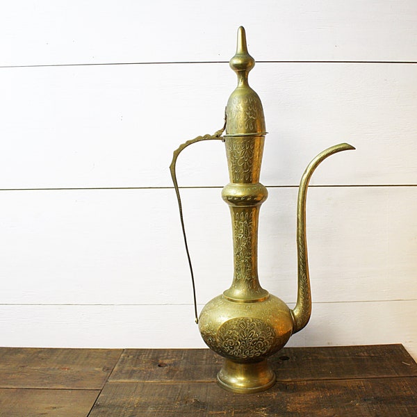 Large Aftaba Brass Engraved Indian Water Pitcher - Home Decor - India - Large Brass Water Pitcher