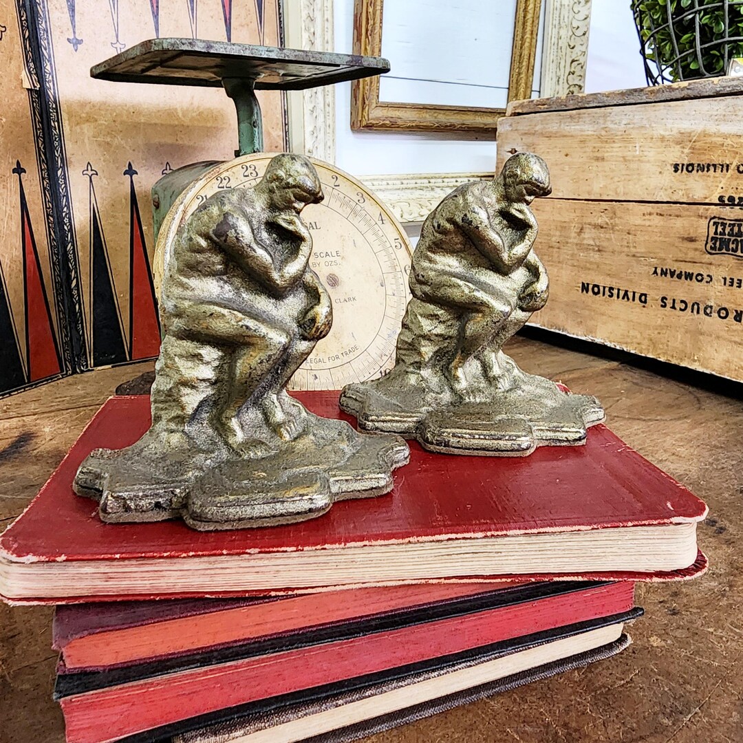 Vintage Cast Metal Thinking Man Bookends, Pair, Metal Man Book