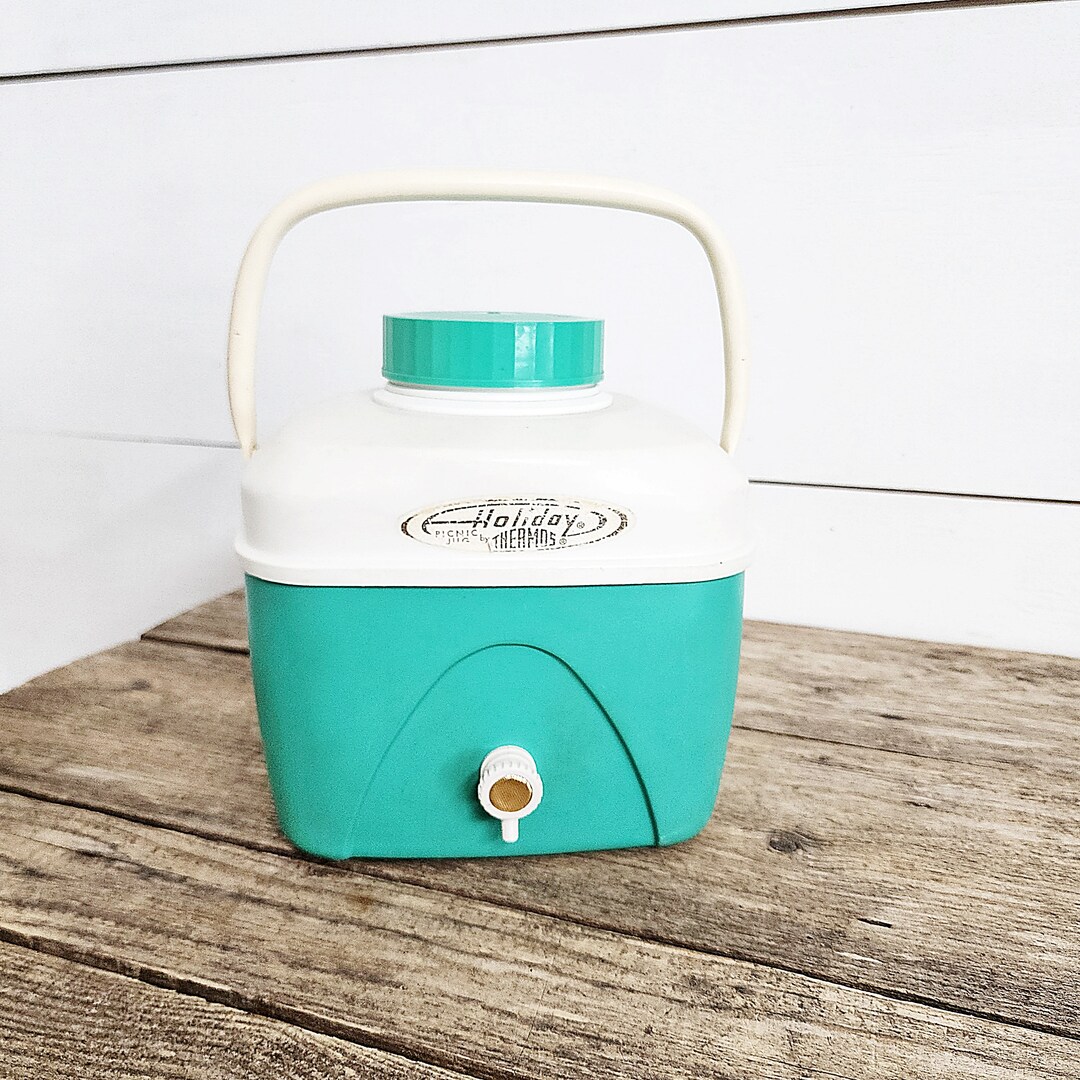 Vintage Holiday Picnic Jug Thermos, Used/aged, Green and White Thermos