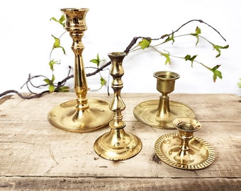 Four Vintage Brass Candleholders, Mixed Shapes, Mixed Sizes, Home Accent, Vintage Brass Decor, #3833