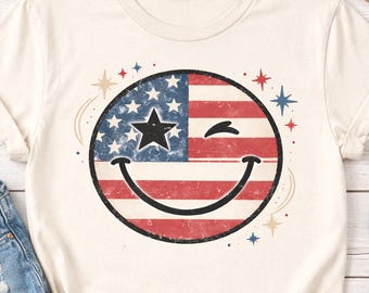 Retro Patriotic Smiley Face PNG – American Flag Design (Digital Download)