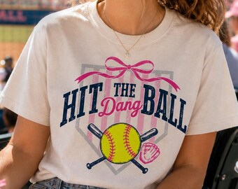 Softball PNG, Hit The Dang Ball Design, Retro Distressed Graphic, Pink Bow, Instant Download