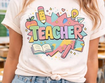 Teacher PNG Design - Colorful Teacher Shirt Graphic, Classroom Gift, Digital Download