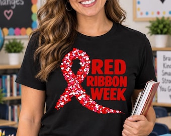 Red Ribbon Week PNG Design, Heart Ribbon Graphic, Instant Download, Sublimation