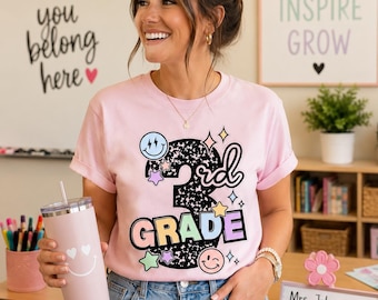 3rd Grade PNG, Retro Classroom Design, Pastel Smiley Stars, Shirt Sublimation, Printable