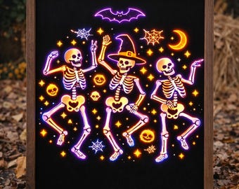 Esqueletos de neón bailando PNG - Diseño de camiseta de esqueleto de Halloween, descarga digital con brillo espeluznante
