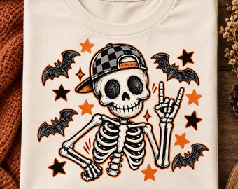 Halloween Skeleton PNG, Rocker Hand Sign, Retro Bats And Stars, Digital Download