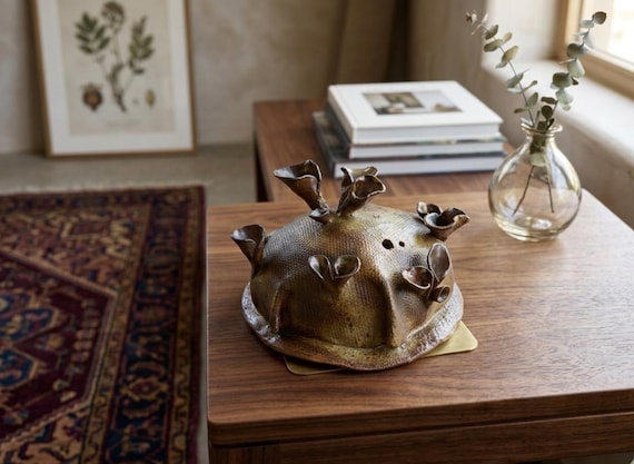 A haunting stoneware centerpiece that looks like something alive is pushing through the clay — abstract organic sculpture at gallery level.