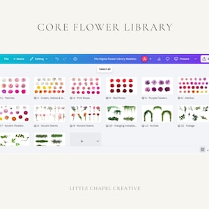May include: A digital interface showcasing a collection of flower arrangements, such as peonies, roses, and accent stems. The interface is labelled "CORE FLOWER LIBRARY" and includes the text "LITTLE CHAPEL CREATIVE".