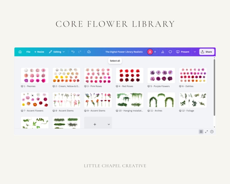 May include: A digital interface showcasing a collection of flower arrangements, such as peonies, roses, and accent stems. The interface is labelled "CORE FLOWER LIBRARY" and includes the text "LITTLE CHAPEL CREATIVE".