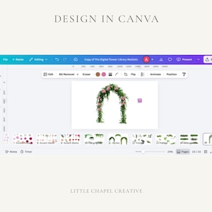May include: A Canva design interface screenshot displaying a floral arch graphic. The text "DESIGN IN CANVA" is at the top, and "LITTLE CHAPEL CREATIVE" is at the bottom. The interface shows editing tools and a progress bar, with a zoom level of 24%.