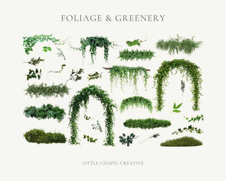 May include: A selection of digital foliage and greenery elements, including vines, arches, and sprigs in various shades of green. The image displays the text "FOLIAGE & GREENERY" at the top and "LITTLE CHAPEL CREATIVE" at the bottom.