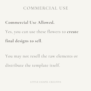 May include: A cream-coloured graphic with the text "COMMERCIAL USE" at the top. The text below states commercial use is allowed for final designs, but not for reselling raw elements or distributing the template. The Little Chapel Creative logo is at the bottom.