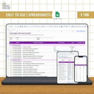 May include: A digital Quinceañera planning checklist spreadsheet displayed on a laptop screen, a tablet, and a smartphone. The interface features purple headers, organized columns for tasks, timelines, and vendor notes, with the Google Sheets logo visible.