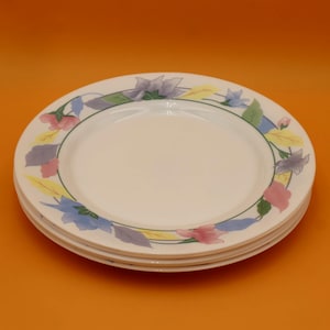 May include: A stack of three round white ceramic plates featuring a decorative border pattern of stylized blue, pink, and yellow flowers with green leaves. The plates have a smooth, glossy finish and a simple, clean design on the center surface.