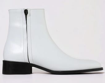Men's White Leather Pointed Toe Ankle Boots – Handmade Side Zipper Dress Boots
