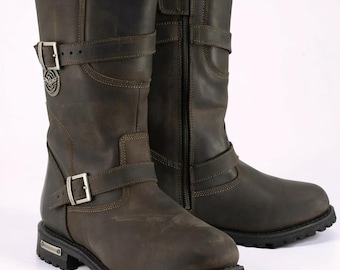 Bottes d'ingénieur classiques en cuir véritable marron foncé Crazy Horse pour homme