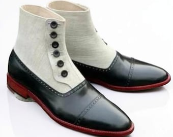 Handmade Men's Two-Tone Leather & Suede Cap Toe Button Boots