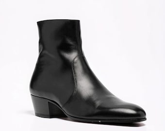 Men's High Heel Zipper Dress Boots, Black Leather Handmade, Cuban Heel Ankle