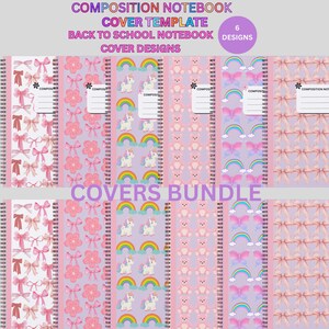 Op de afbeelding: Een digitale bundel van zes sjablonen voor notitieboekcovers met herhalende patronen van roze strikken, bloemen, eenhoorns met regenbogen, teddyberen, vlinders met regenbogen en roze strikken op een lichtpaarse achtergrond met labels.