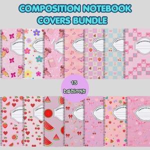 Puede incluir: Un paquete digital de 15 portadas para cuadernos de composición con varios patrones que incluyen lápices, lazos, flores, corazones, cerezas, sandías y diseños a cuadros. Cada portada incluye una etiqueta blanca con el texto COMPOSITION.